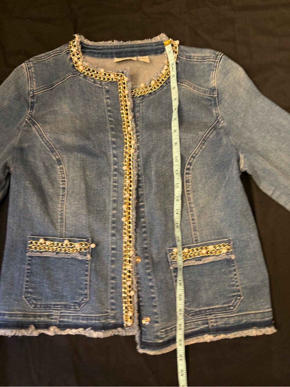 Chico's Light Blue Denim Jacket with Gold Chain Detail - Picture 3 of 7